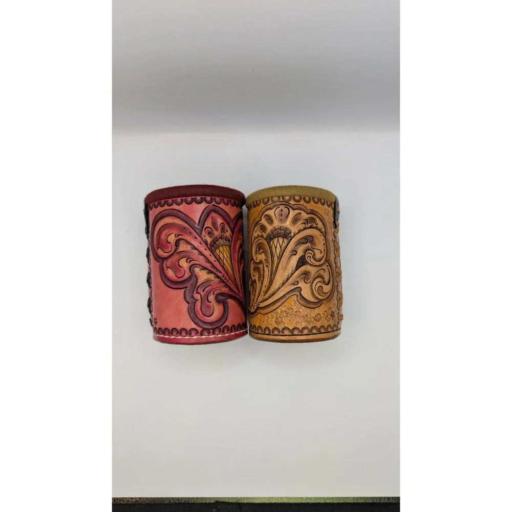Vintage Hand Tooled Leather Can Koozies Set of 2 Western Floral Drink Cozies